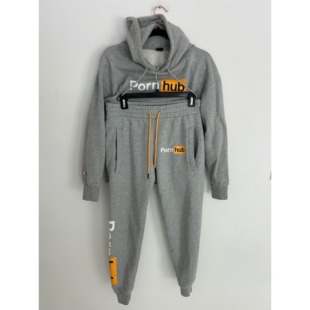 Pornhub Gray Hoodie and Sweatpants Matching Set Women XS 100% Cotton Sweatsuit